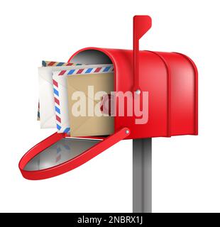 Realistic red mailbox composition with four envelopes with letters inside on white background vector illustration Stock Vector