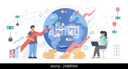Macroeconomics flat vector illustration with globe image in centre and currency tied to balloons and kettlebells symbolizing changing market Stock Vector