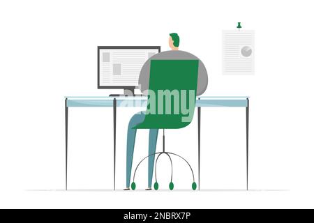Man working on computer. Office workplace. Vector illustration. Stock Vector