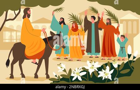 Easter and palm sunday flat concept with Jesus Christ entering Jerusalem on donkey vector illustration Stock Vector