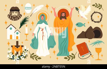 Easter flat icons set with biblical characters and holy symbols isolated vector illustration Stock Vector