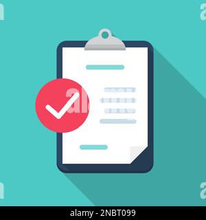 Clipboard with check review document in a flat design with long shadow Stock Vector
