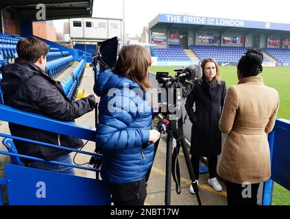 Karen Carney MBE, during a DCMS media event at Kingsmeadow, London. In September, the Government announced the launch of a review of domestic women’s football, chaired by former England and Great Britain footballer Karen Carney MBE, the in-depth review will look at how to deliver bold and sustainable growth of the game at elite and grassroots level. Picture date: Tuesday February 14, 2023. Stock Photo