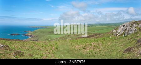 Panoramic view North East over from Mynnydd Anelog on the Llyn Peninsula along the Wales Coast Path Stock Photo