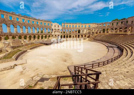 interior of Pula Amphitheater, Coliseum of Pula, well-preserved Roman amphitheater located in the Pula city , Istria, Croatia. This historic arena was Stock Photo