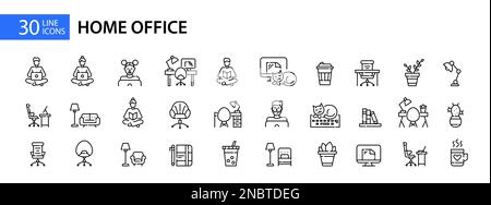 30 working or studying from home pixel perfect line art icons. Home office, remote workplace or freelance Stock Vector