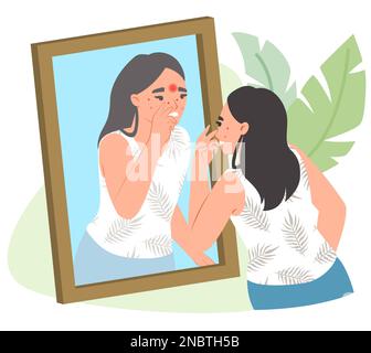 Girl with acne skin problem vector illustration. Worried sad young woman looking at mirror on red spot or rash on face. Skincare and dermatology conce Stock Vector