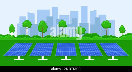 Solar panels near city. Clean energy. Vector illustration. Stock Vector