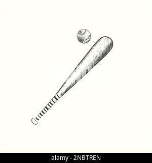 hand drawn baseball bat and ball vector illustration in black, detailed in vintage style Stock Vector