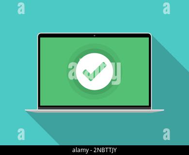 Laptop with green checkmark notification in a flat design Stock Vector