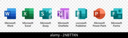 Set of Microsoft Office products logos on a transparent background Stock Vector