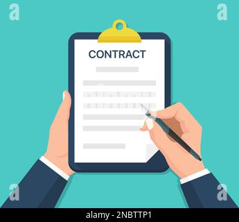 Businessman hand holding contract document in a flat design Stock Vector