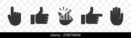 Set of hand icons: click, thumb up, snap, pointer, stop Stock Vector