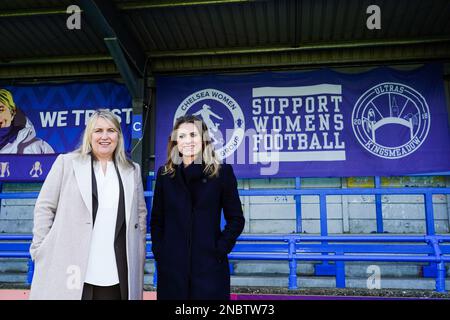 Karen Carney MBE, with Chelsea Women's manager Emma Hayes (left) following a DCMS media event at Kingsmeadow, London. In September, the Government announced the launch of a review of domestic women’s football, chaired by former England and Great Britain footballer Karen Carney MBE, the in-depth review will look at how to deliver bold and sustainable growth of the game at elite and grassroots level. Picture date: Tuesday February 14, 2023. Stock Photo