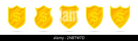 Set of golden different shields with dollar icon. Money protection Stock Vector