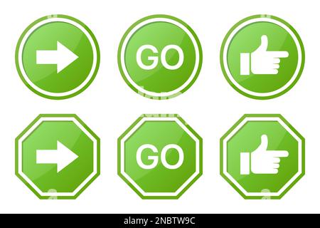 Set of green GO sign with arrow, word and hand Stock Vector