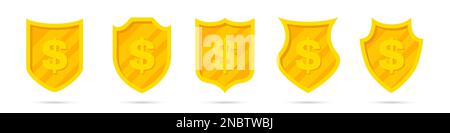 Set of golden different shields with dollar icon. Money protection Stock Vector