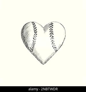 Heart shape baseball ball vector illustration in black, vintage style icon sketch Stock Vector