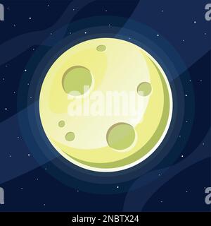 full moon in yellow with craters over a blue sky with stars - flat cartoon style - vector illustration Stock Vector
