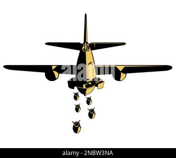 Illustration of a world war two Martin B-26 Marauder propeller bomber airplane flight flying dropping bomb done in retro style. Stock Photo