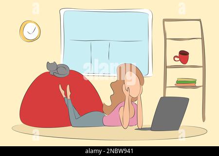 Woman lying on floor with laptop. Leisure time. Vector illustration. Stock Vector