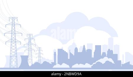 Electric towers and city skyline, high voltage power line pylons, town power supply, vector Stock Vector