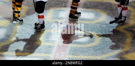 The Boston Bruins and Philadelphia Flyers shake hands at the end of the 2010  Bridgestone NHL Winter Classic at Fenway Park in Boston, Massachusetts on  New Years Day, January 1, 2010. The