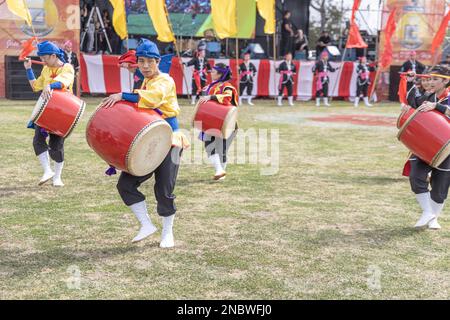 Buenos Aires, Argentina - February 14th, 2023: Japanese dancers with drum. Eisa (Japanese dance with drums) in Varela Matsuri. Stock Photo
