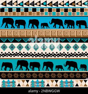 Tribal ethnic pattern with elephants silhouettes and traditional symbols Stock Vector