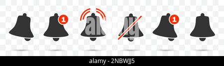 Set of notification bell icons on a transparent background Stock Vector