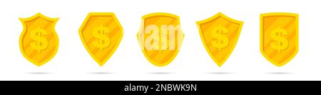 Set of golden different shields with dollar icon. Money protection Stock Vector