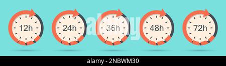 Set of clock arrow 12, 24, 36, 48, 72 hours in a flat design Stock Vector