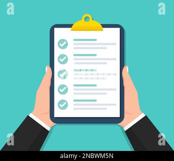 Businessman holding clipboard with checklist in a flat design Stock Vector
