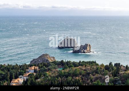 Adalary Rocks. Clif mountains sea, place near resort town Gurzuf. southern coast of the Black Sea, Crimea. Stock Photo