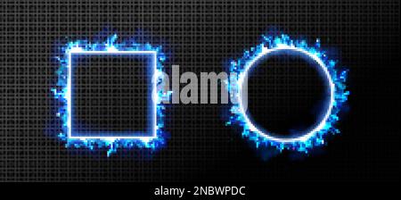 Square and round blue fire frames png isolated on transparent background. Realistic vector illustration of ui neon borders burning in cold ice flame w Stock Vector