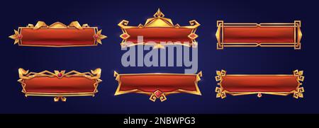 Medieval buttons, ui game menu elements, red oblong banners and gold ornate rims. Empty royal gui bars for rpg or arcade, golden borders, web design i Stock Vector