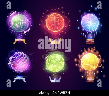 Magic crystal balls, energy spheres with light effect. Fantasy magician, sorcerer or fortune teller crystal orbs with shine, lightnings, fire and spar Stock Vector