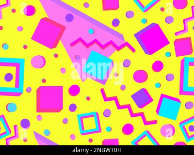 Geometric seamless pattern with 3d shapes in 80s memphis style. Isometric 3D geometric shapes in different colors. Design for printing on paper, banne Stock Vector