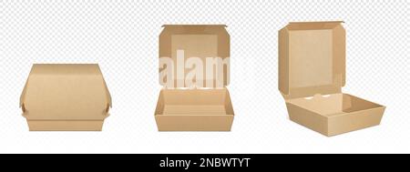 Brown cardboard burger box, realistic vector illustration. Paper takeaway blank package for fast food, lunch container template, open and closed mock Stock Vector