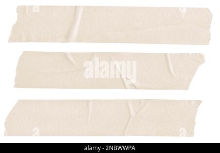 Three Brown Blank painter tape stickers isolated on white background. Template mockup Stock Photo