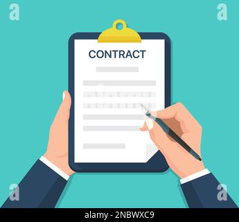 Businessman hand holding contract document in a flat design Stock Vector