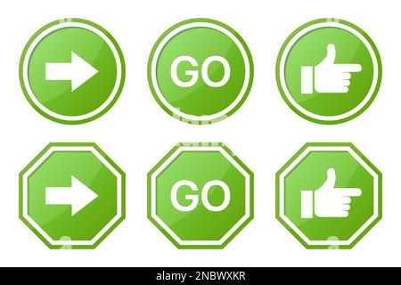 Set of green GO sign with arrow, word and hand Stock Vector