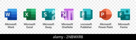 Set of Microsoft Office products logos on a transparent background Stock Vector