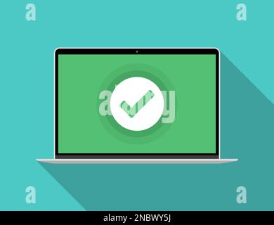 Laptop with green checkmark notification in a flat design Stock Vector