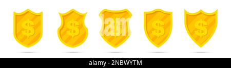 Set of golden different shields with dollar icon. Money protection Stock Vector