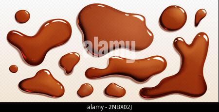 Realistic set of cola or coffee puddles isolated on transparent background. Vector illustration of brown liquid substance, drink, oil, black soy sauce Stock Vector