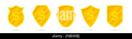 Set of golden different shields with dollar icon. Money protection Stock Vector