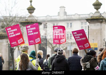Cardiff University, Wales. February 14th 2023. Academics and senior professional services staff hold a strike rally in support of fair pay outside Cardiff University, Wales. February 14th 2023.  Credit Penallta Photographics / Alamy Live Stock Photo