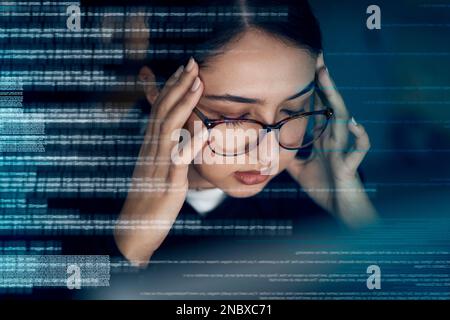 Programming, coding and stress with woman at night for 404, headache and digital transformation glitch. Frustrated anxiety and crisis with employee Stock Photo