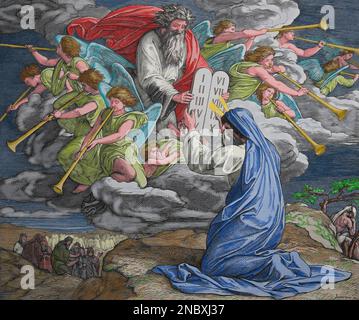 Moses on Mount Sinai with ten commandments Stock Photo - Alamy
